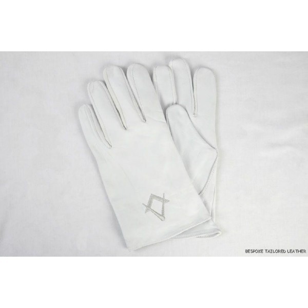 Freemasons Masonic white Kid Leather Gloves Embroidered with Silver Thread S&C