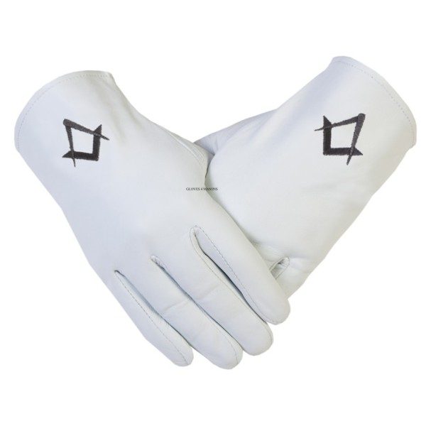 Freemasons Masonic white Kid Leather Gloves Embroidered with Black Thread S&C