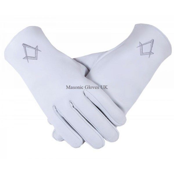 Freemasons Masonic white Kid Leather Gloves Embroidered with Silver Thread S&C