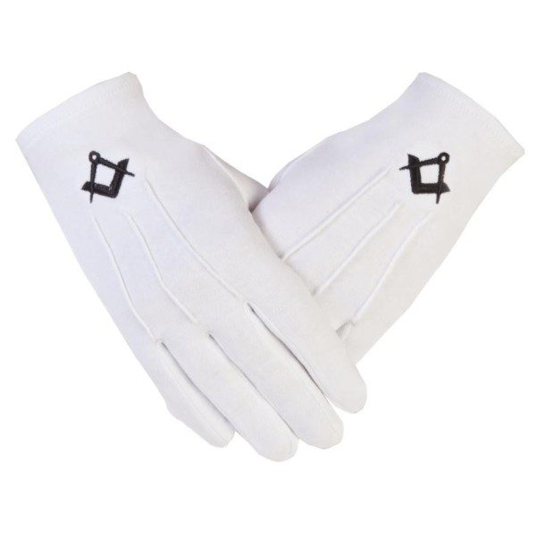 Freemasons Masonic Cotton Gloves with black embroidered Square and Compasses PCI symbol