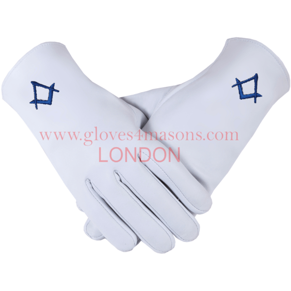 Freemasons Masonic white Kid Leather Gloves Embroidered with Royal Blue Thread S&C